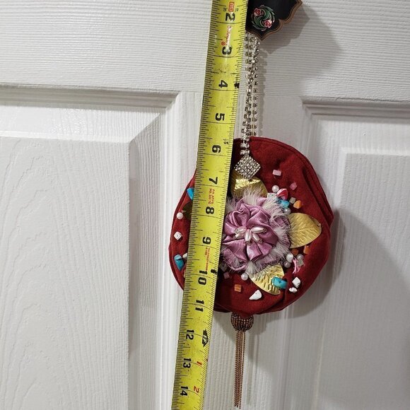 Brown Coin Purse with Pink Satin Flower, Gems & Gold Leaf – Statement Mini Bag - Picture 7 of 12